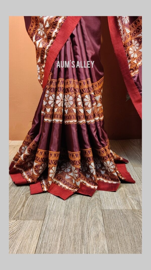 Deep Maroon Handstitched Hand Block Dual Tone Premium Silk Saree