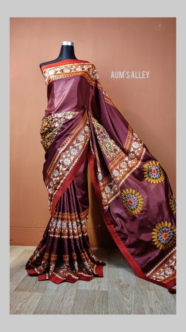 Deep Maroon Handstitched Hand Block Dual Tone Premium Silk Saree