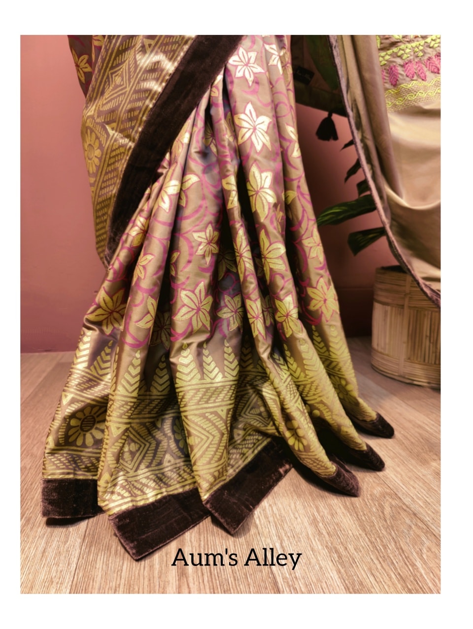 Metallic Gold Handstitched Hand Block Premium Silk Saree