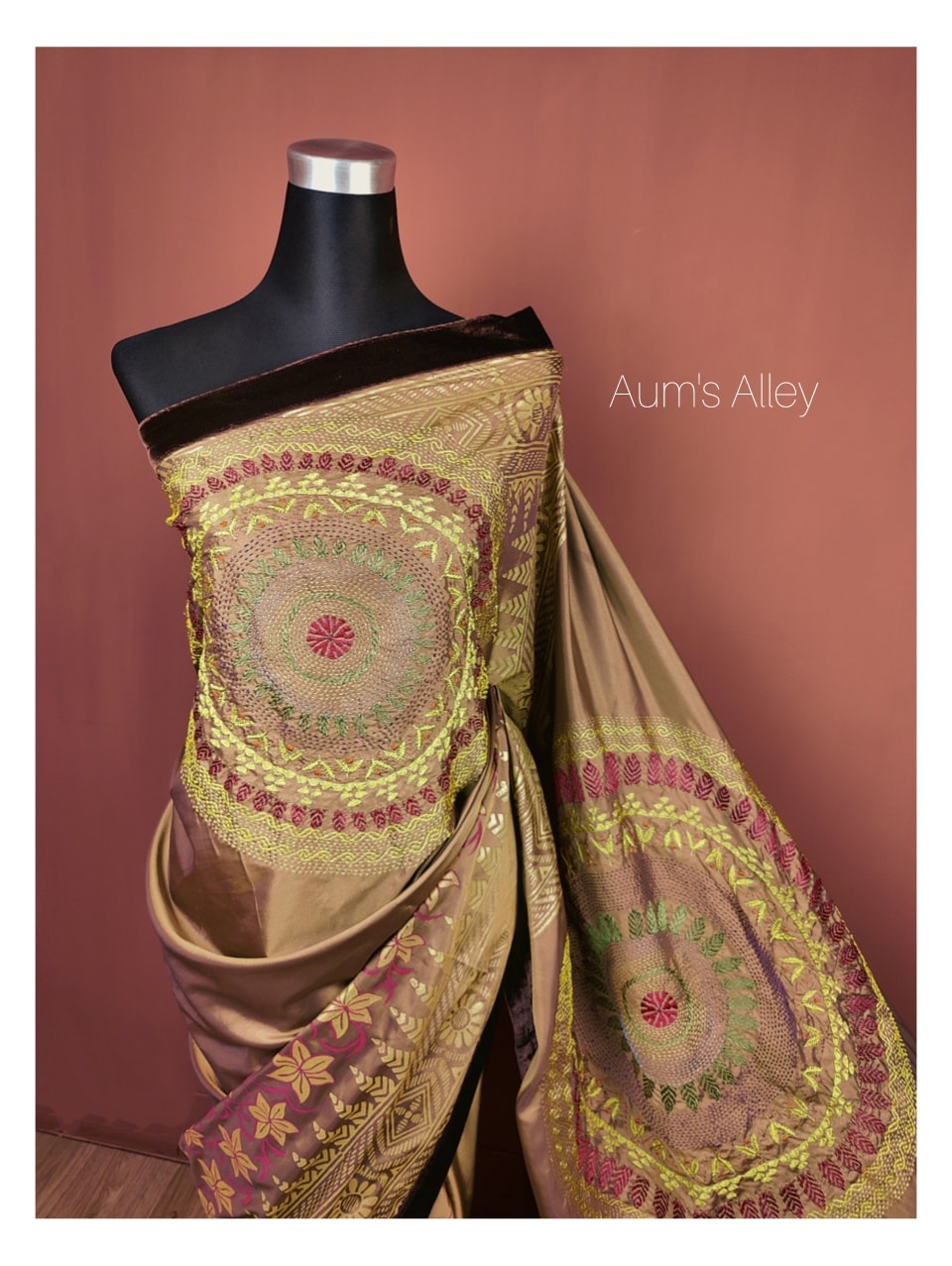 Metallic Gold Handstitched Hand Block Premium Silk Saree