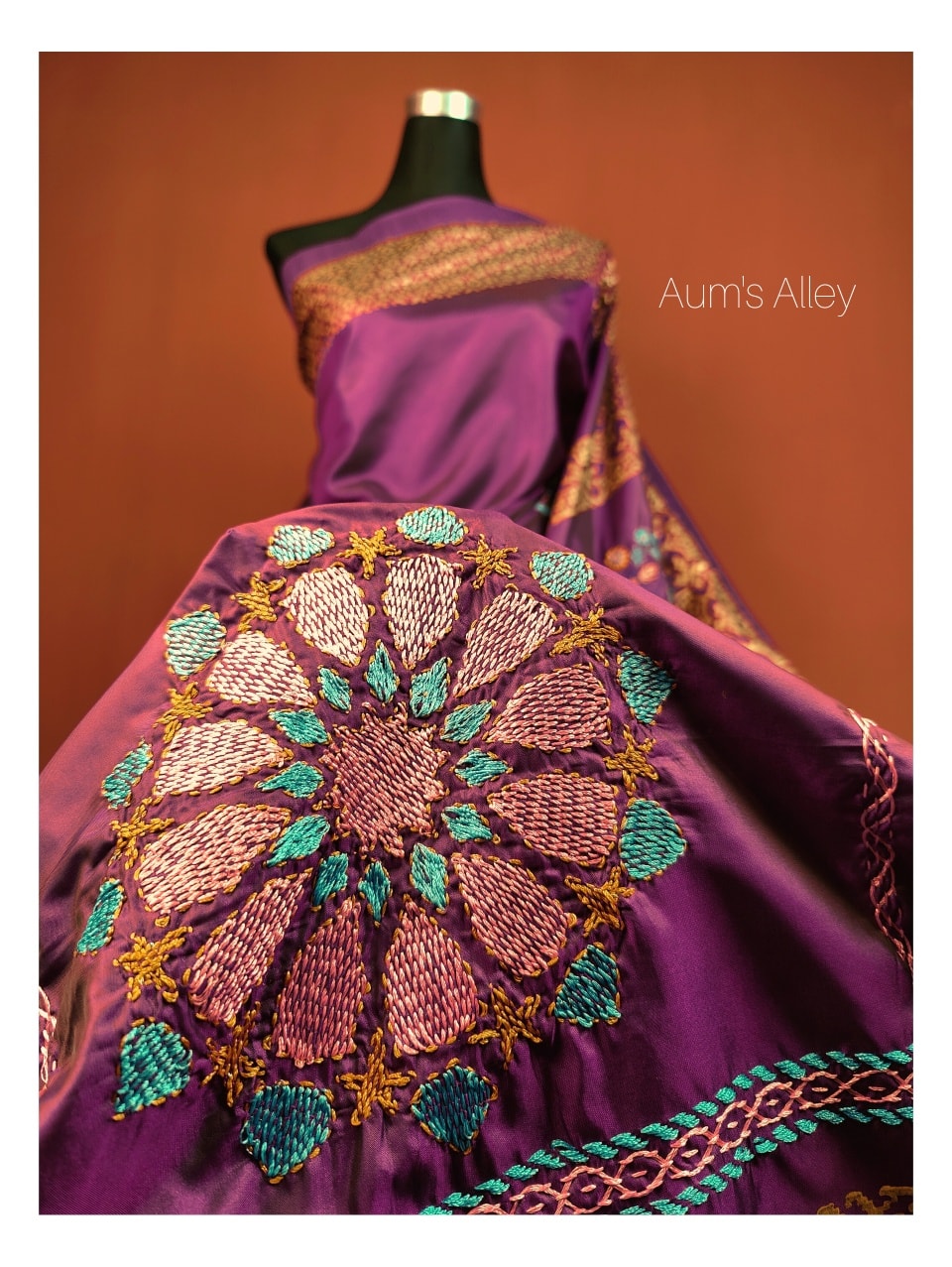Purple Wine Handstitched Hand Block Print Premium Silk Saree