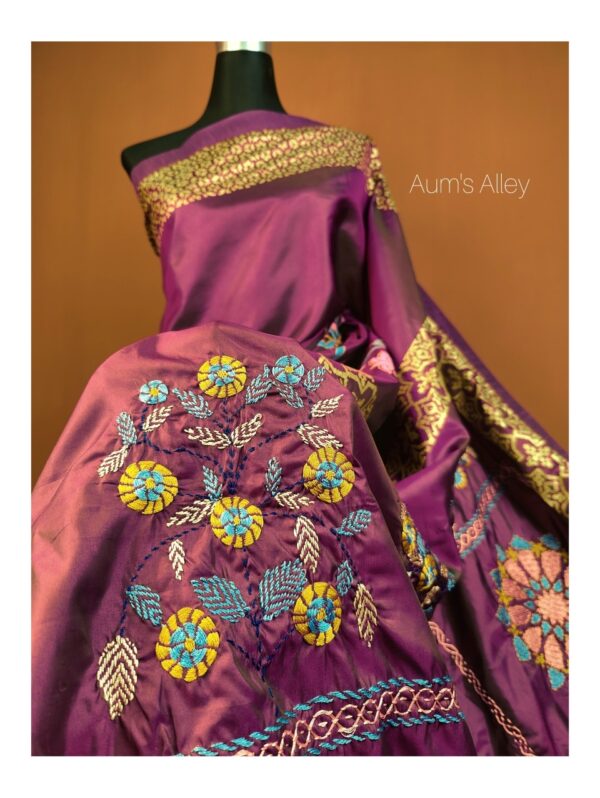 Purple Wine Handstitched Hand Block Print Premium Silk Saree