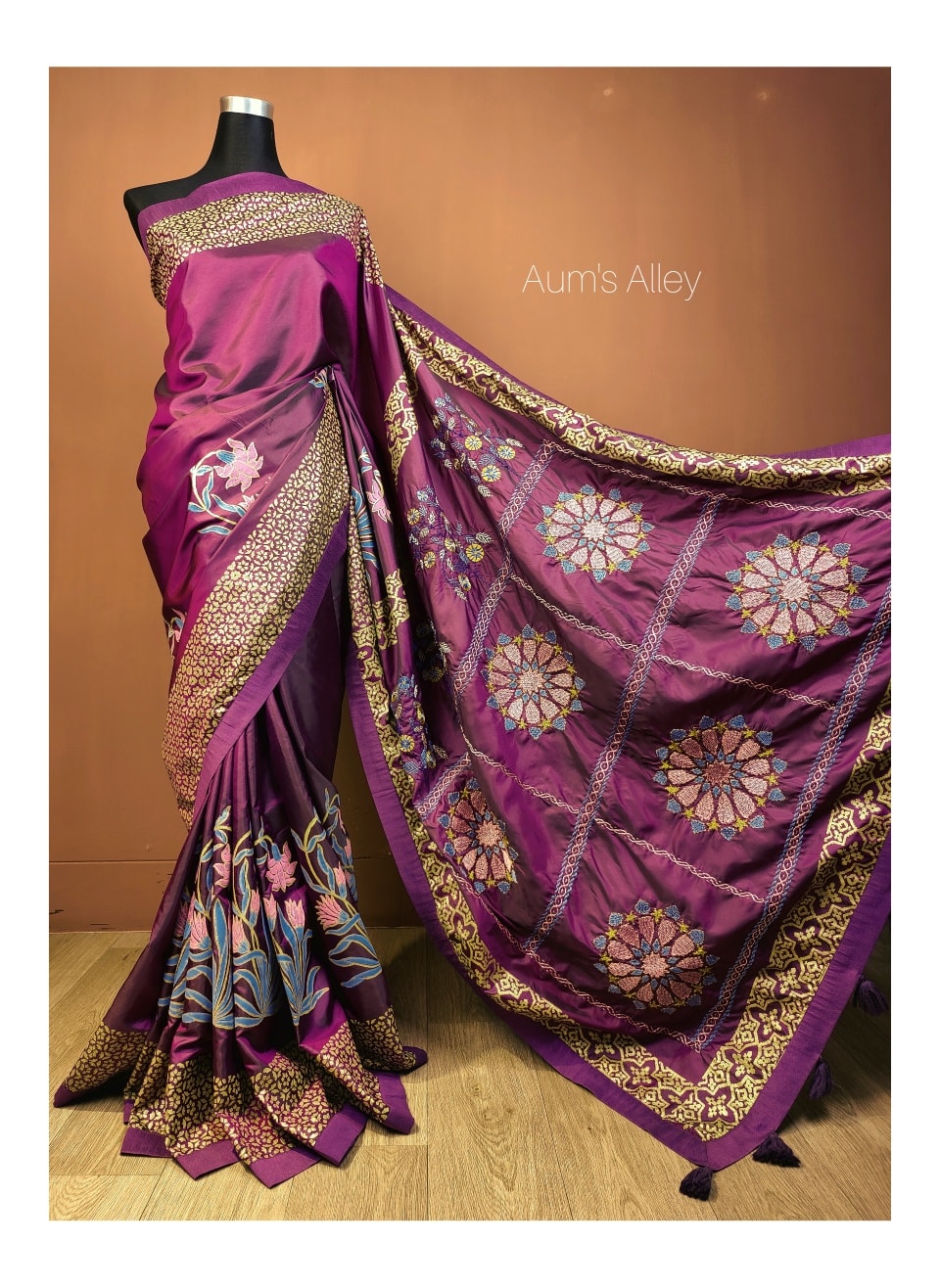 Purple Wine Handstitched Hand Block Print Premium Silk Saree