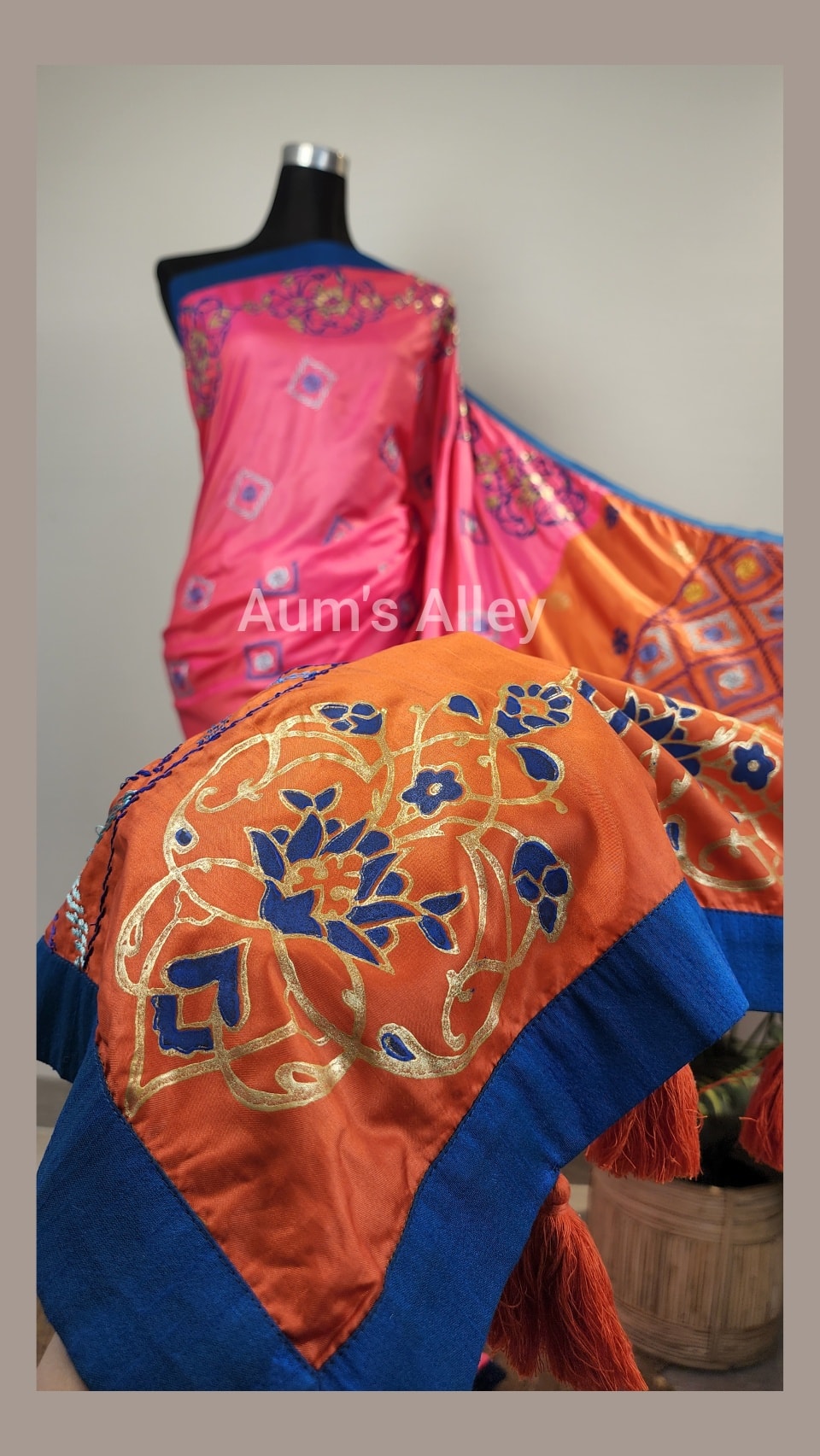 Fuchsia-Orange Hand-Stitched Hand Block Premium Silk Saree