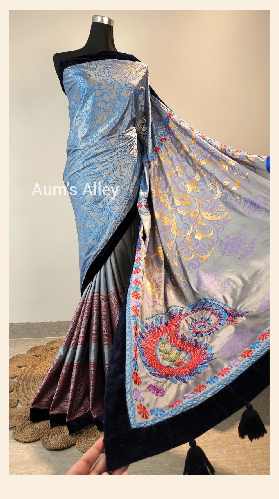 Metallic Ash Hand-Stitched Hand Block Premium Silk Saree