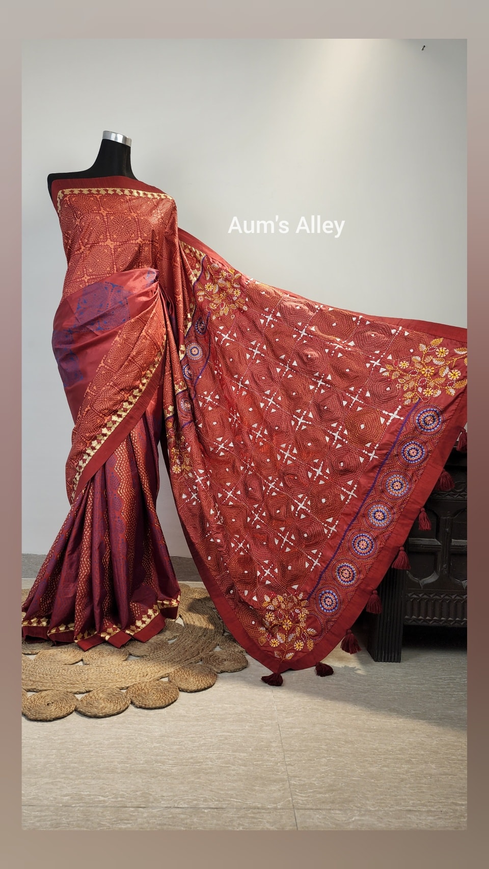 Red Maroon Hand-Stitched Hand Block Premium Silk Saree