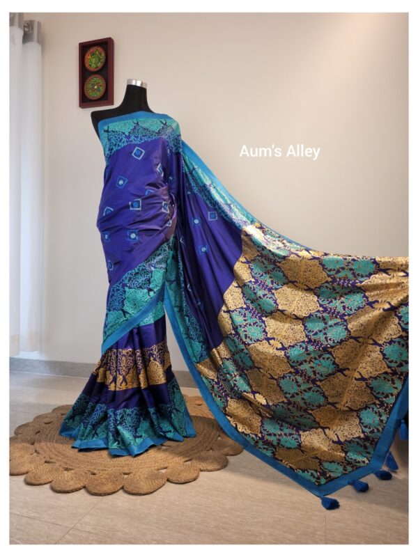 Royal Blue Hand-Stitched Hand Block Premium Silk Saree