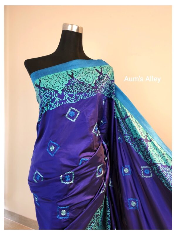 Royal Blue Hand-Stitched Hand Block Premium Silk Saree