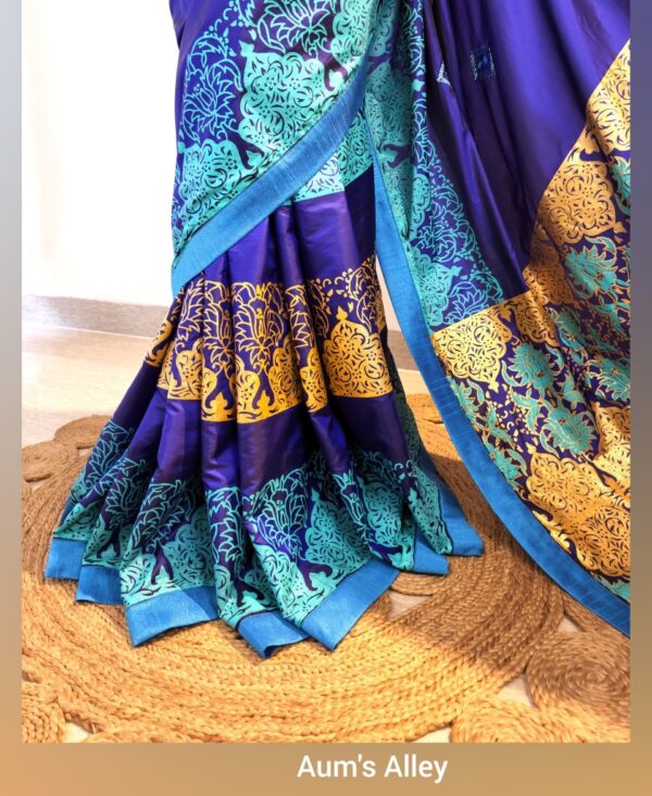 Royal Blue Hand-Stitched Hand Block Premium Silk Saree