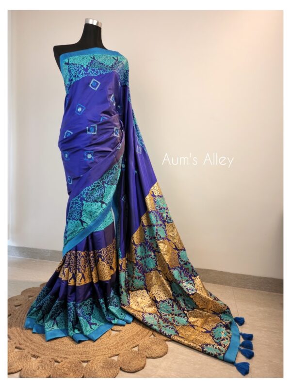 Royal Blue Hand-Stitched Hand Block Premium Silk Saree