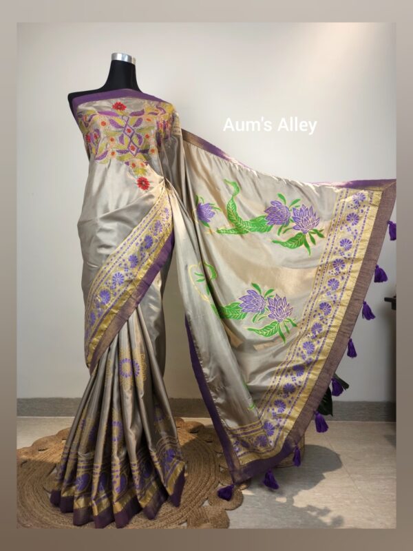 Silver Mocha Handstitched Hand Block Premium Silk Saree