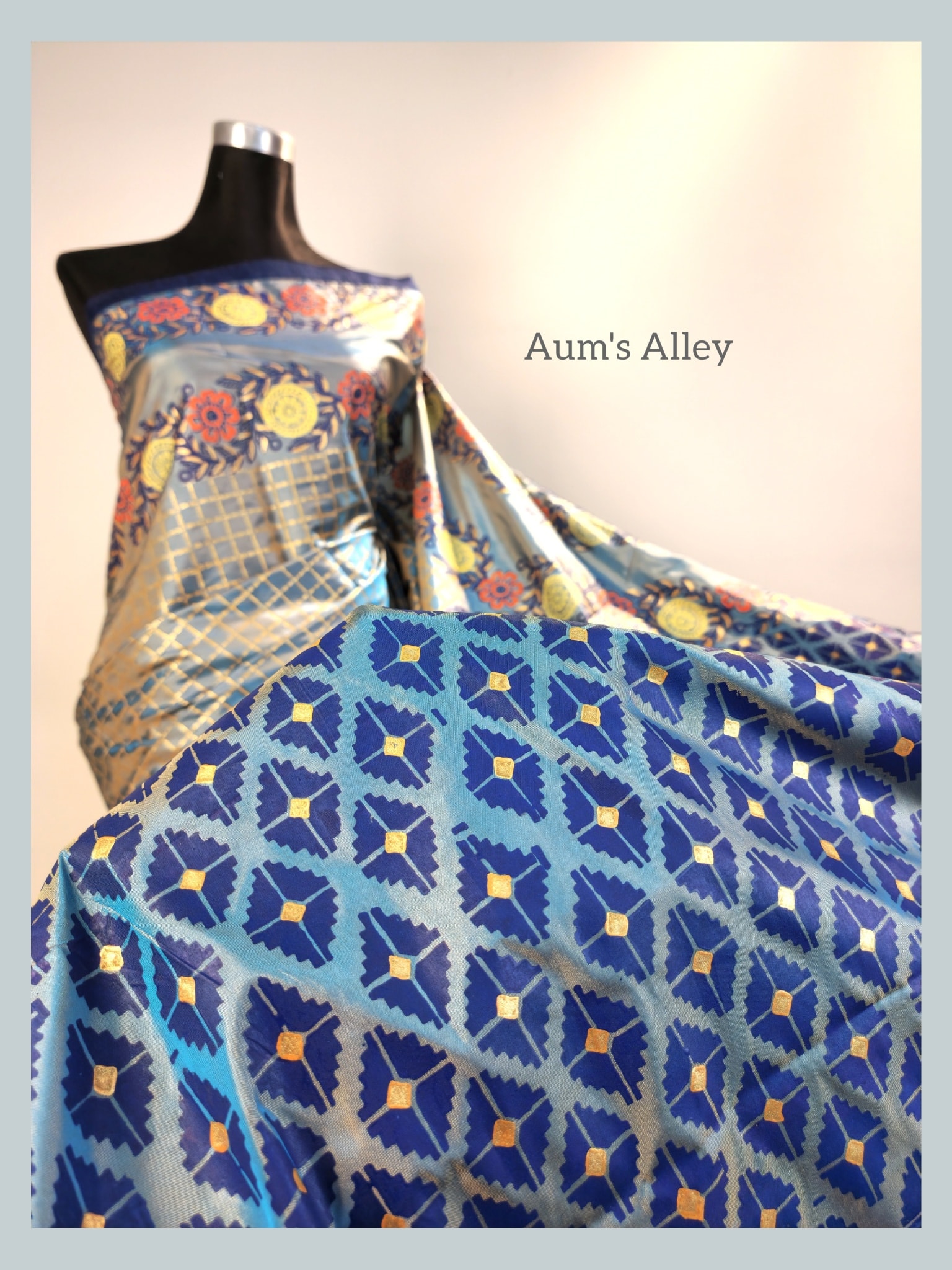 Blue-Ash Dual Tone Premium Art Silk Blockprint Saree