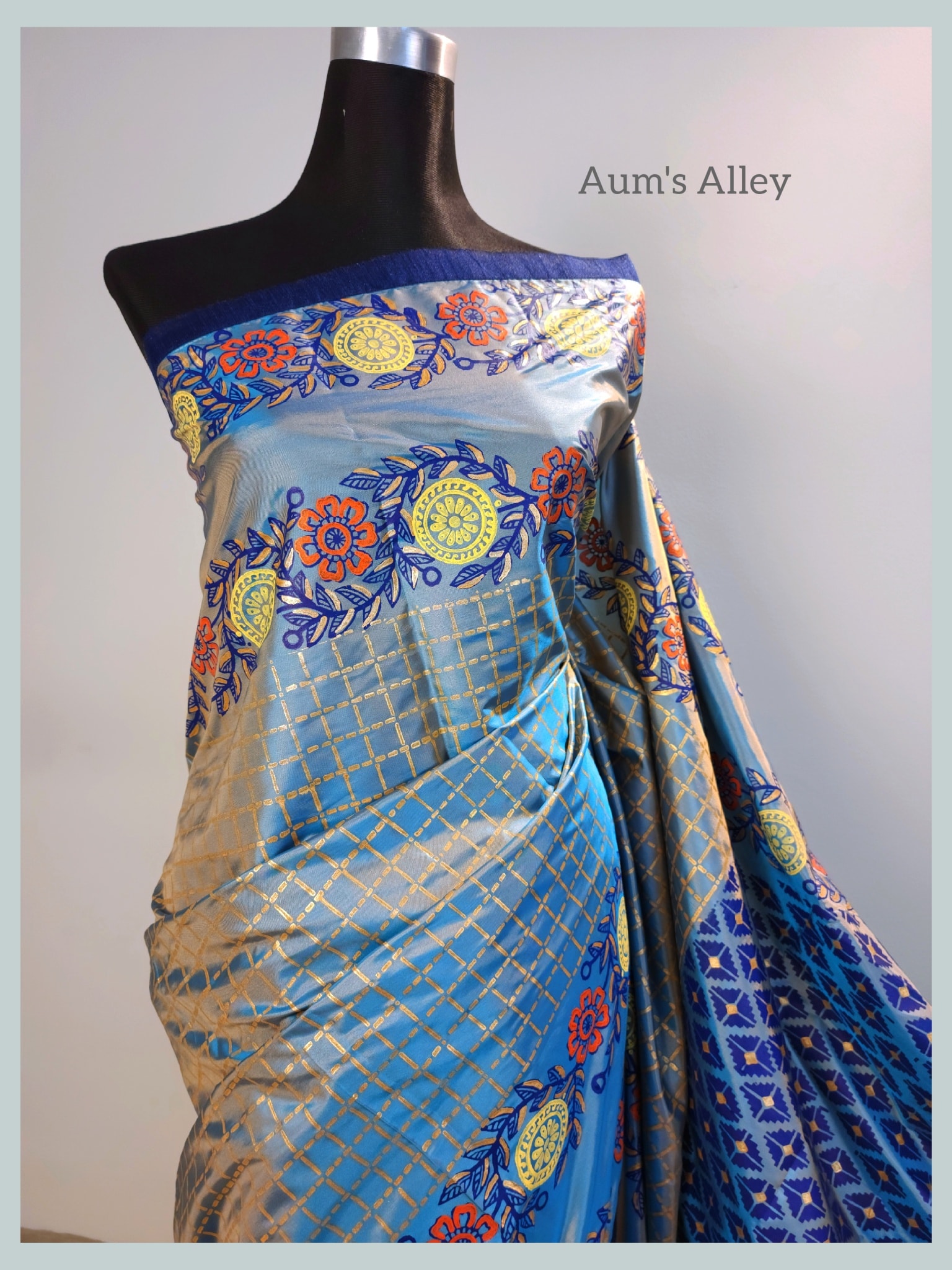 Blue-Ash Dual Tone Premium Art Silk Blockprint Saree