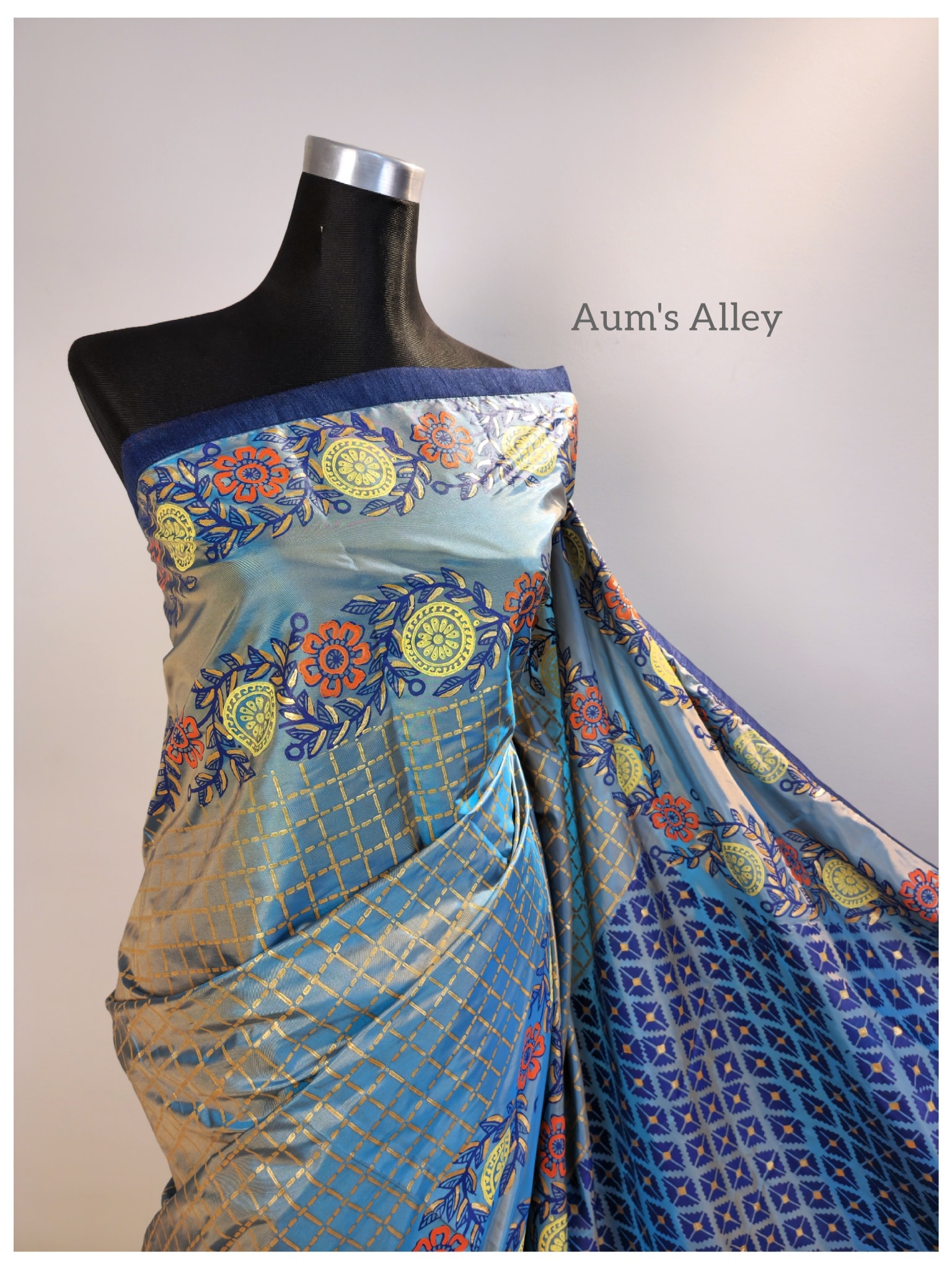 Blue-Ash Dual Tone Premium Art Silk Blockprint Saree
