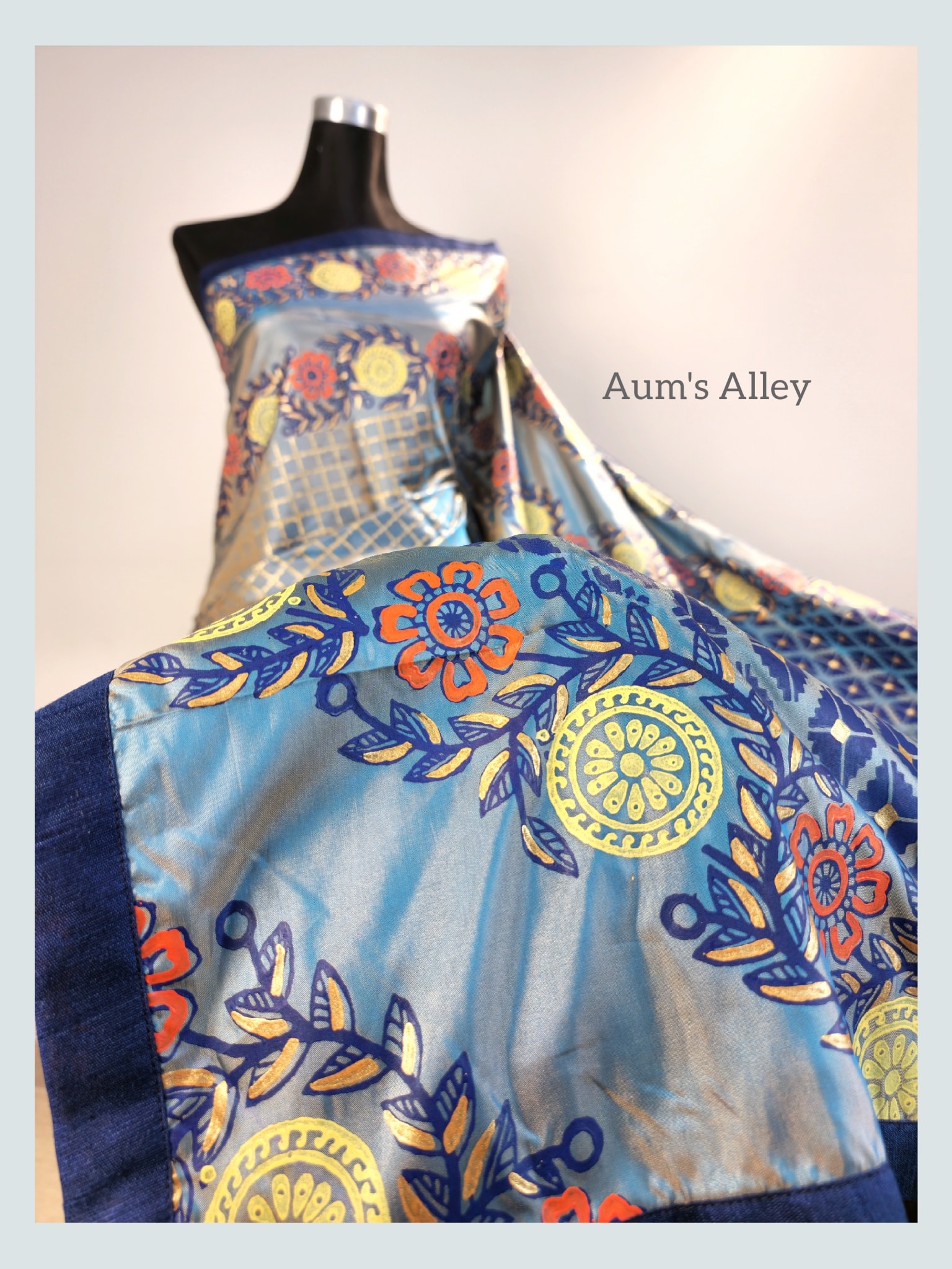 Blue-Ash Dual Tone Premium Art Silk Blockprint Saree
