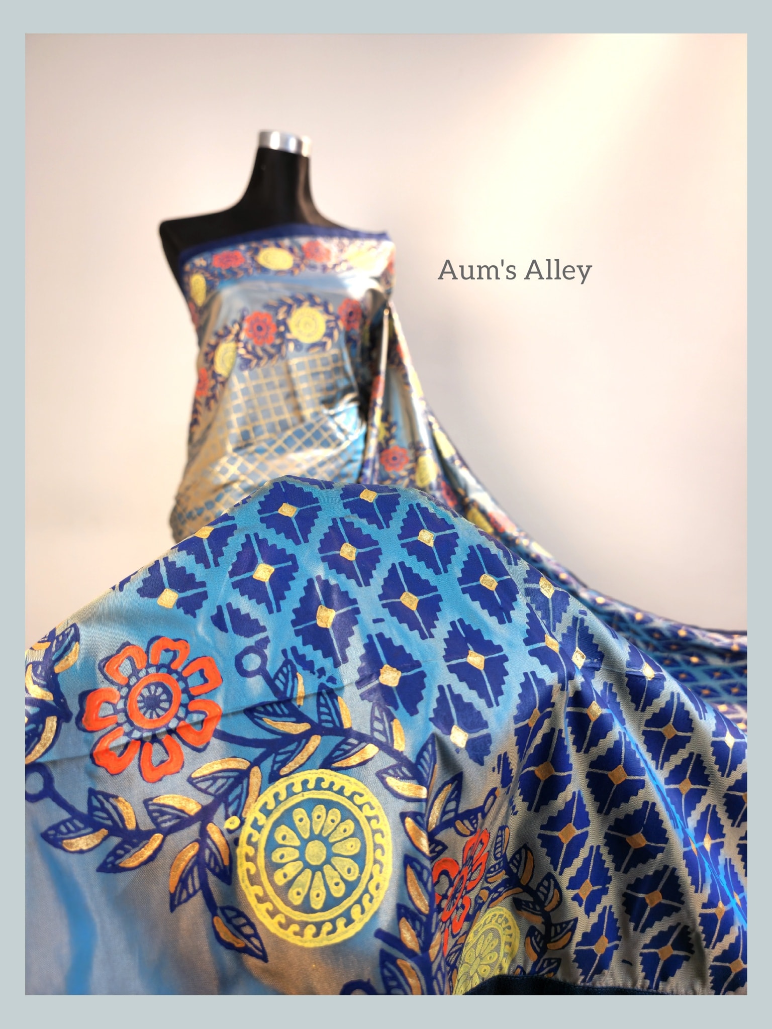 Blue-Ash Dual Tone Premium Art Silk Blockprint Saree