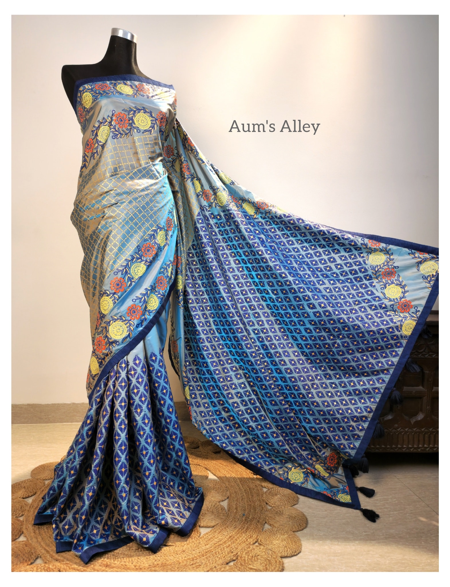 Blue-Ash Dual Tone Premium Art Silk Blockprint Saree