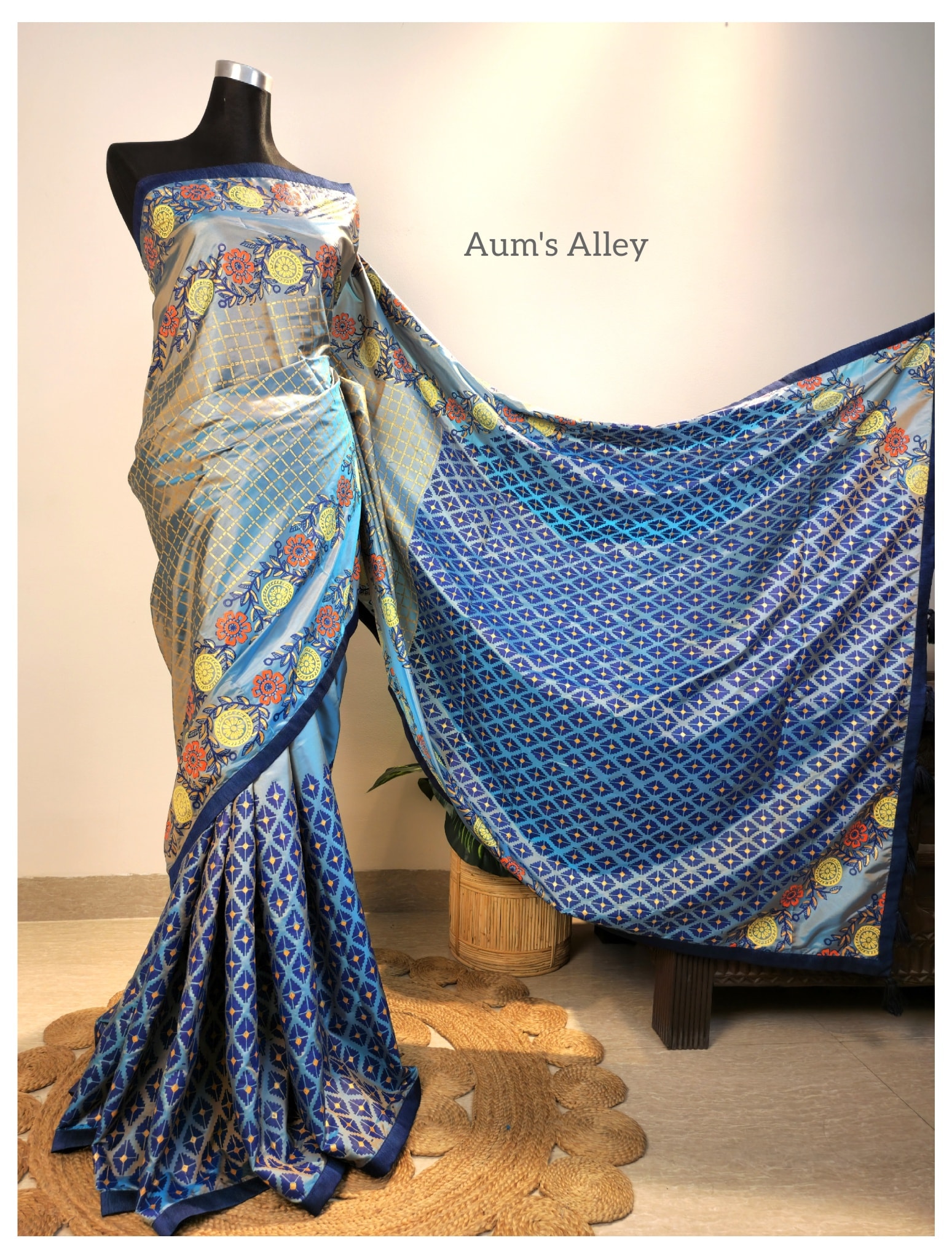 Blue-Ash Dual Tone Premium Art Silk Blockprint Saree
