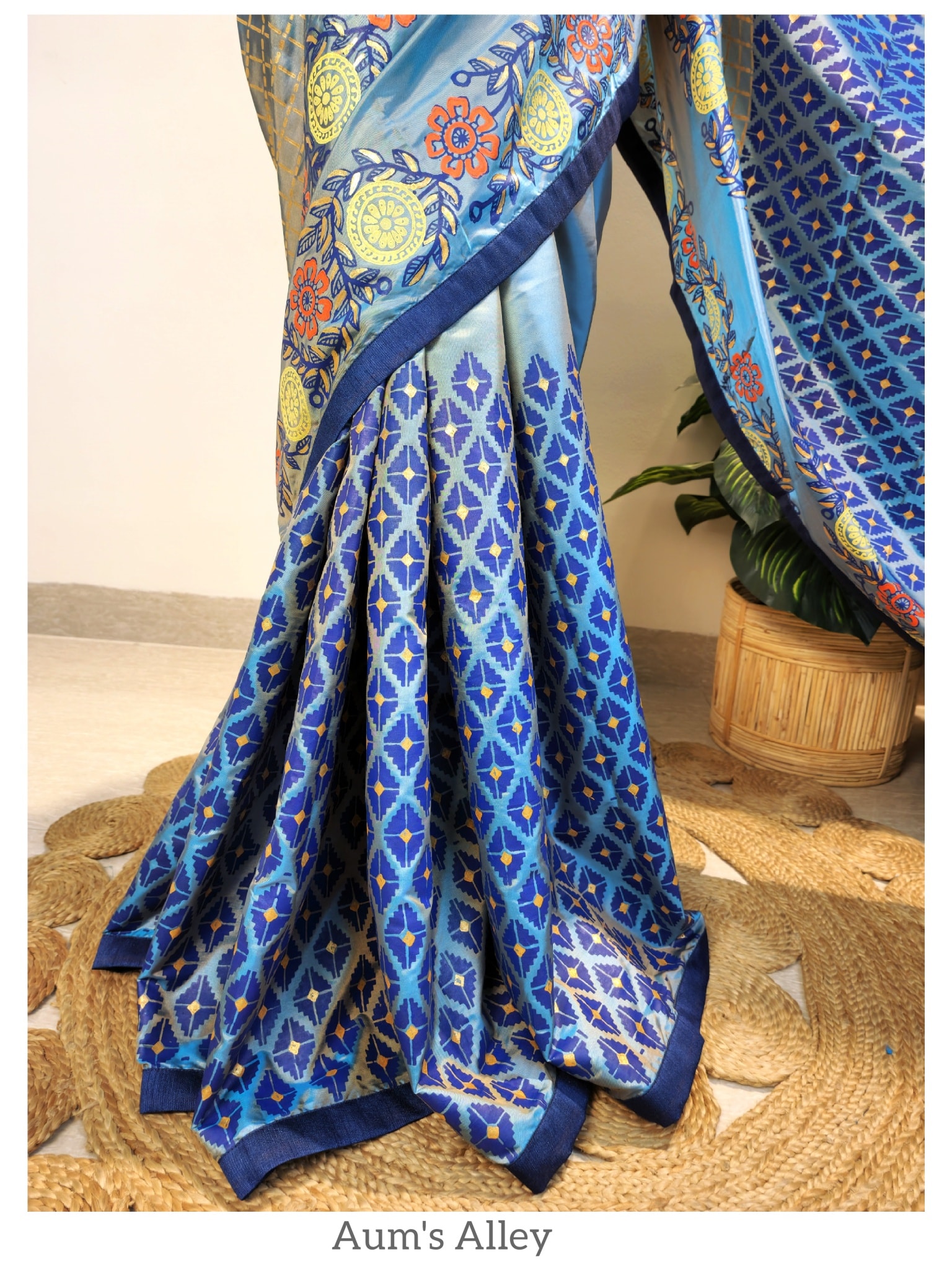 Blue-Ash Dual Tone Premium Art Silk Blockprint Saree