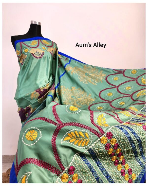 Ellora's Mint Hand-stitched Art Silk Saree