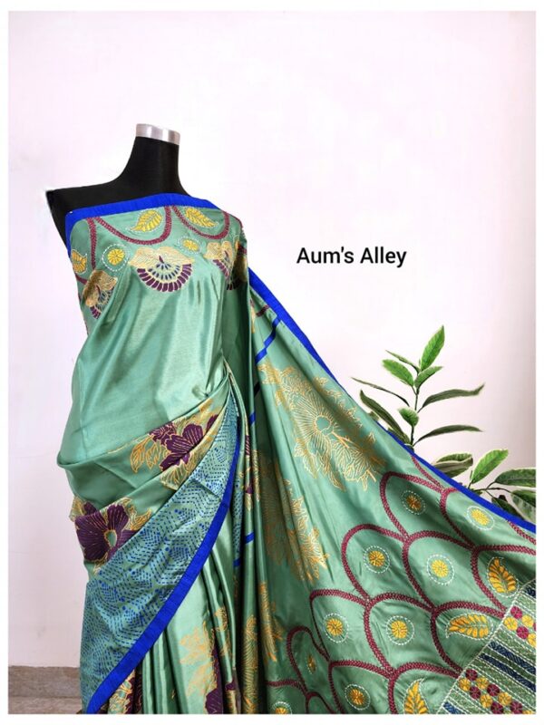 Ellora's Mint Hand-stitched Art Silk Saree