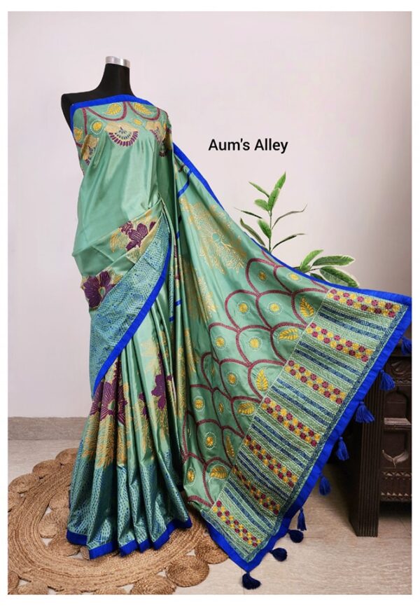 Ellora's Mint Hand-stitched Art Silk Saree