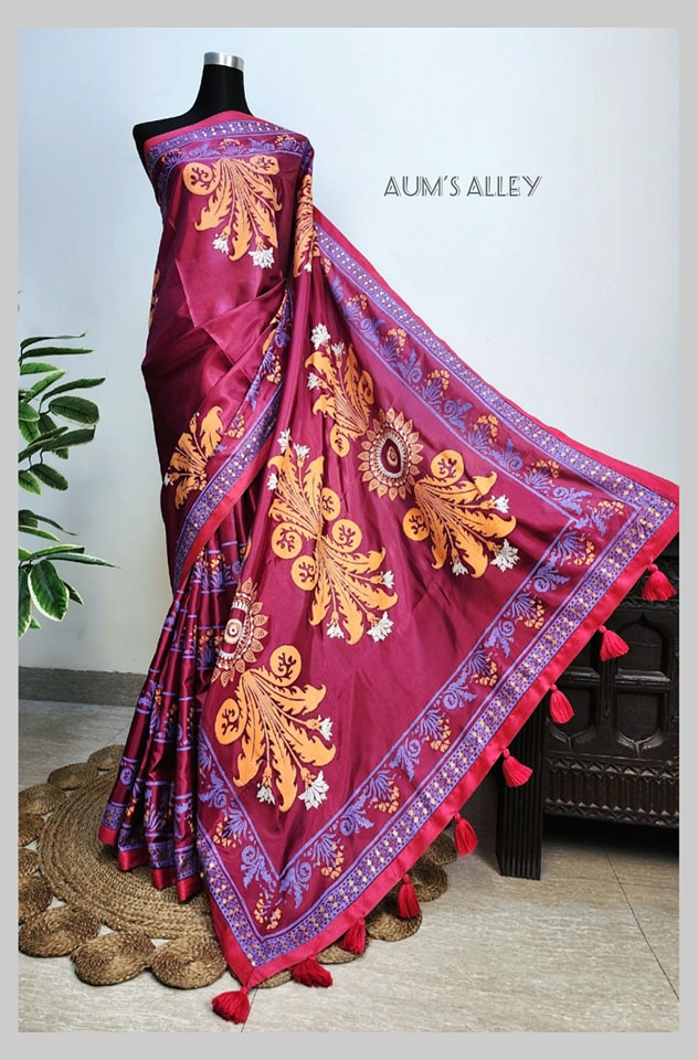 Magenta Maroon Art Silk Saree with Bungi Orange Blocks Magenta Maroon Art Silk Saree with Bungi Orange Blocks