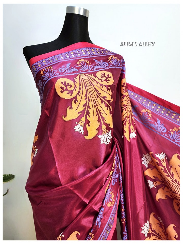 Magenta Maroon Art Silk Saree with Bungi Orange Blocks Magenta Maroon Art Silk Saree with Bungi Orange Blocks