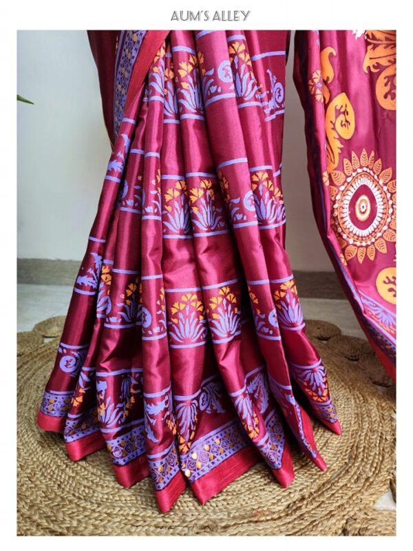 Magenta Maroon Art Silk Saree with Bungi Orange Blocks