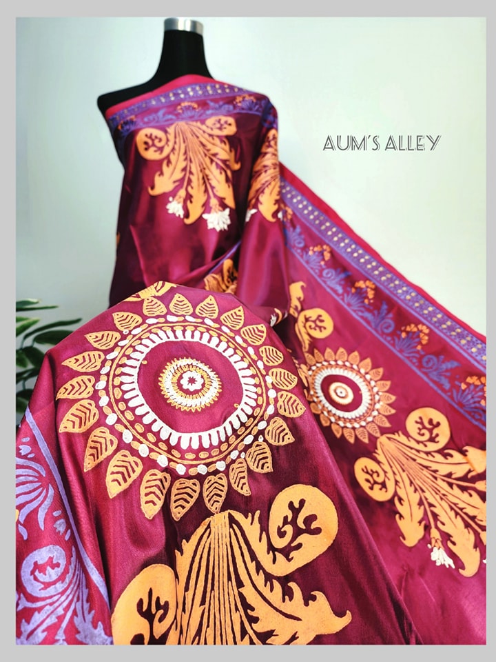 Magenta Maroon Art Silk Saree with Bungi Orange Blocks Magenta Maroon Art Silk Saree with Bungi Orange Blocks