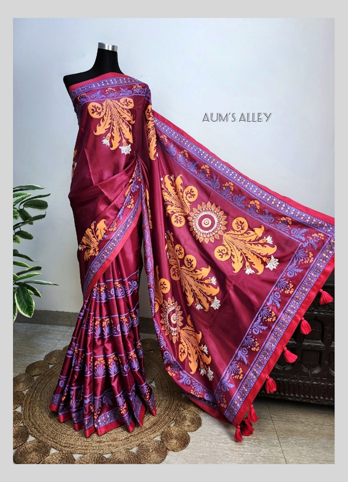 Magenta Maroon Art Silk Saree with Bungi Orange Blocks Magenta Maroon Art Silk Saree with Bungi Orange Blocks