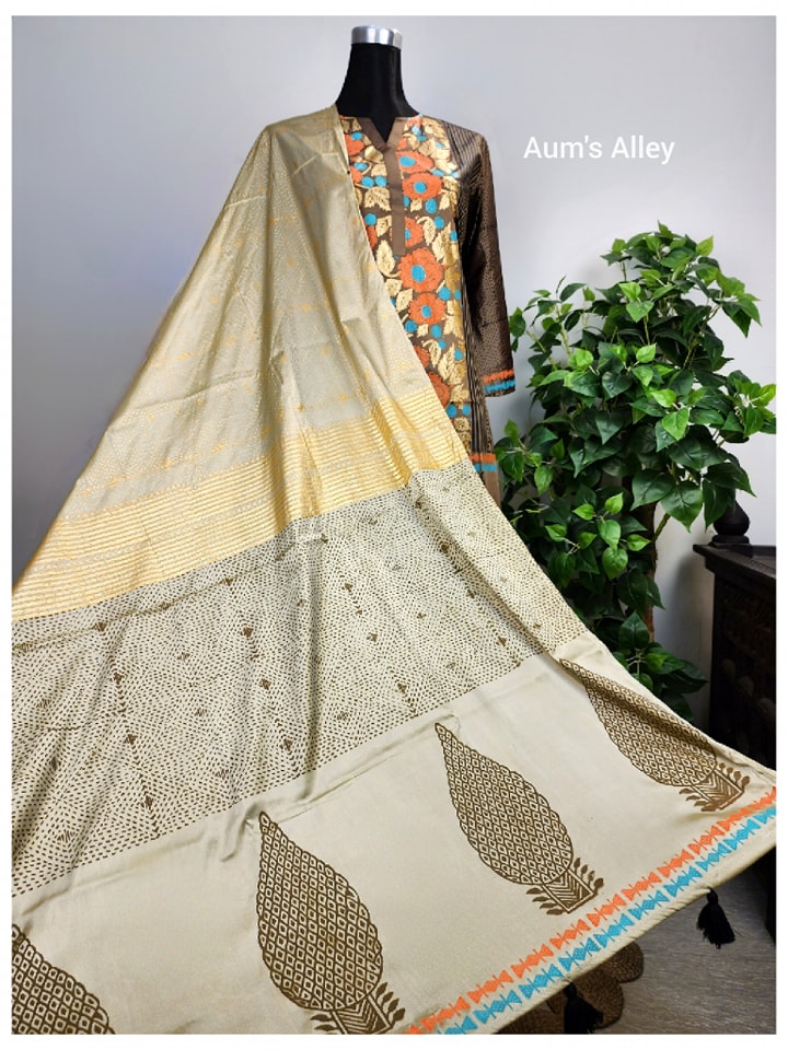 Surjokotha 4: Blockprint Premium Art Silk 3 Piece